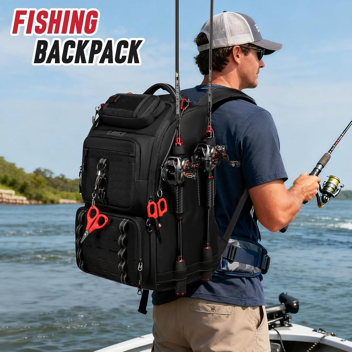 Fishing Tackle Backpack,40L Tackle Bag with 2 Rod Holders,Water-Resistant Large Storage Fishing Gear and Equipment(Black)