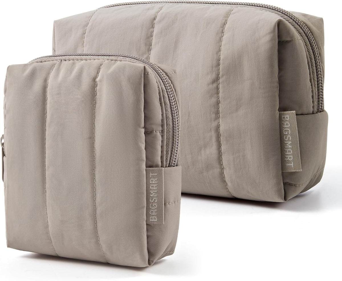 BAGSMART Puffy Travel Makeup Bag Duo Large & Small for Women, Greige