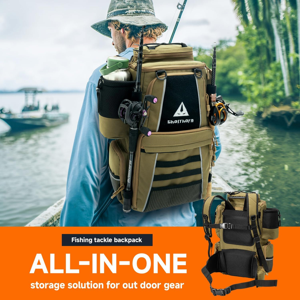 Ghosthorn 43L Fishing Tackle Backpack with 4 Tackle Boxes & Rod Holder