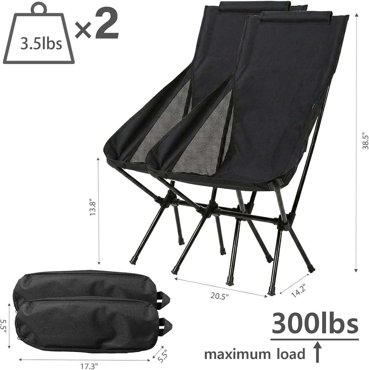 Wind Tour Portable Camping Chair Lightweight Foldable Outdoor Chair for Hiking Camp Backpacking Lawn Beach Fishing Picnic with Carry Bag (High-Back | Black-2)