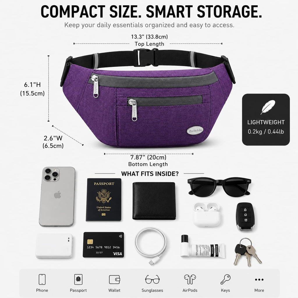 Entchin Water-Resistant Fanny Pack, 4-Zipper Belt Bag