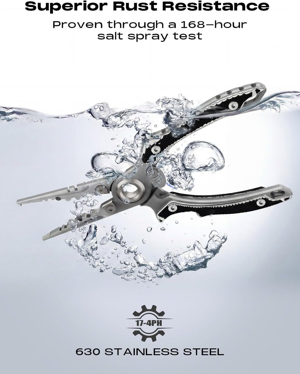 HOOK-EZE Anti-Twist Fishing Pliers with Multi-Function Design, 7.1" Saltwater 17-4 Stainless Steel Fishing Gear with G10 Handles, Split Ring Pliers, Fish Hook Remover Tool - Black/White