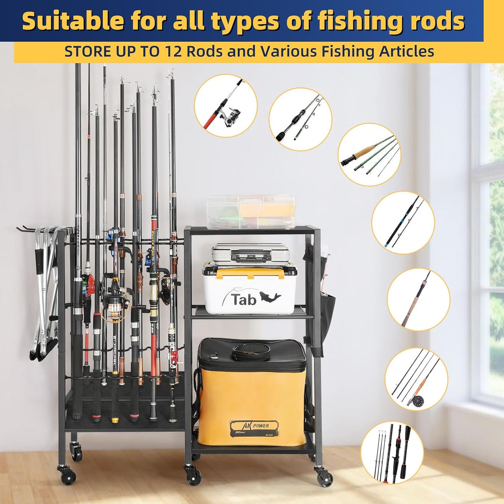 Olakee Fishing Rod Holders, Rolling Fishing Rod Rack for Garage & Boat, Tackle Box & Reel Holder Cart, Easy Assembly Fishing Gear Management System, Ideal Birthday Gift for Men Dad Anglers