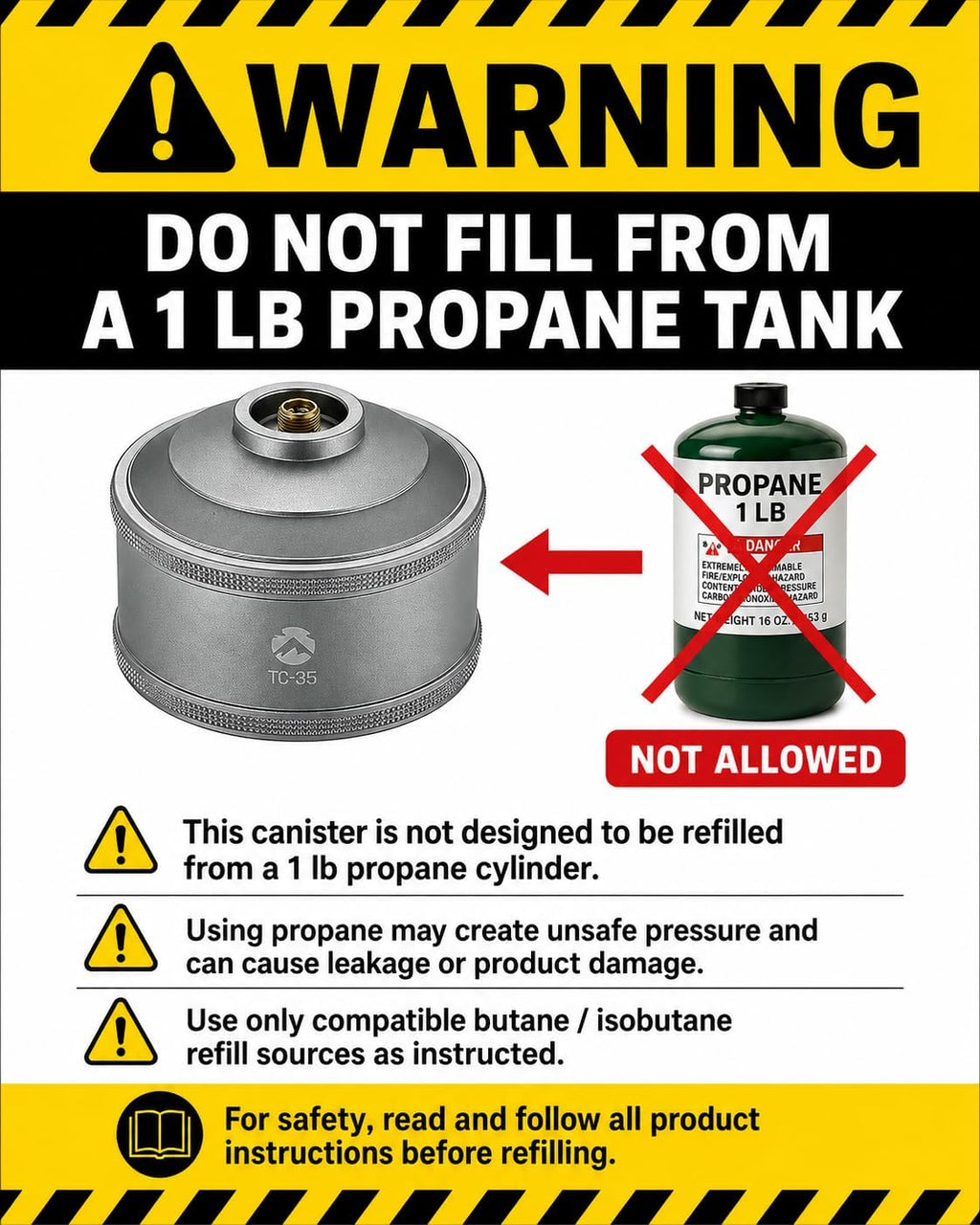 CAMPINGMOON Empty Refillable Gas Canister 35g EN417 Lindal Valve TC-28
