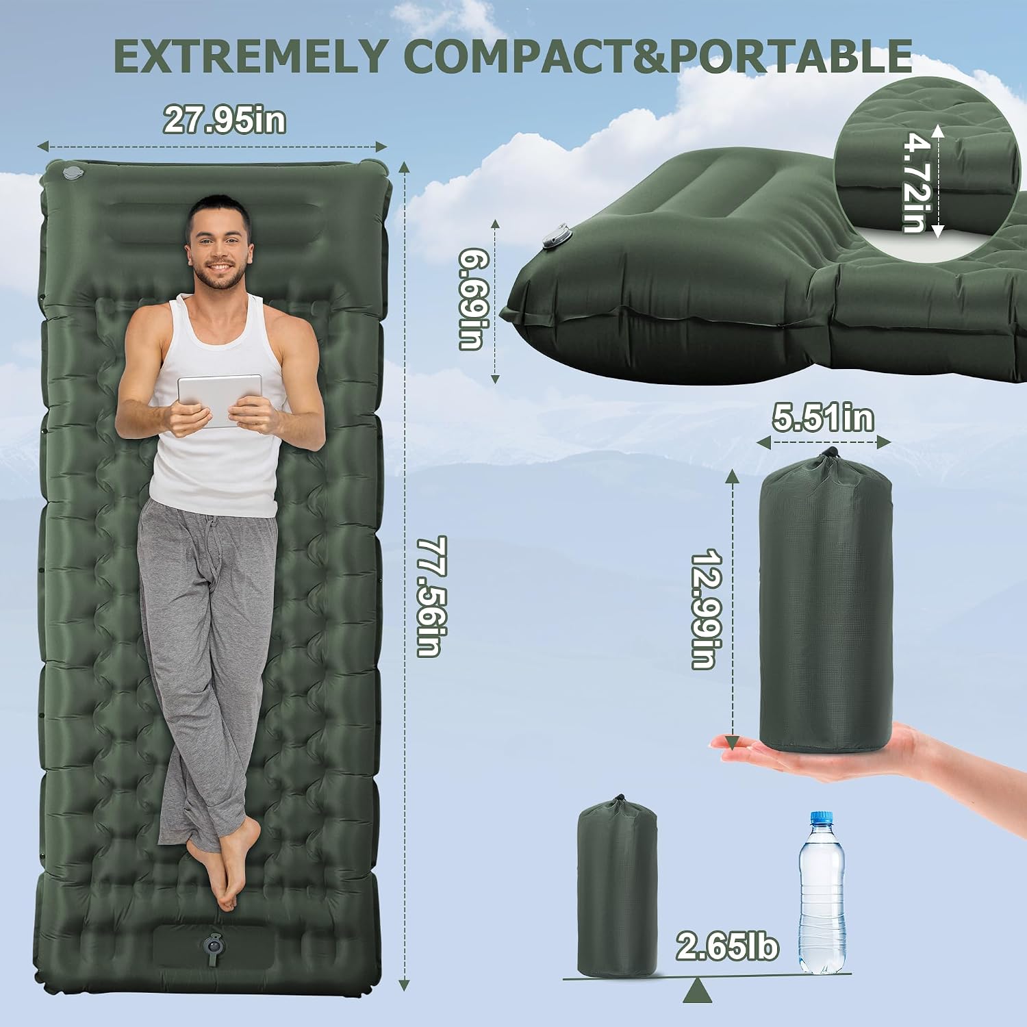 Toncoke Sleeping Pad, 4.7" Extra-Thick & Ultralight Inflatable Camping Mat with Pillow, Built-in Foot Pump, Compact for Backpacking, Camping, Hiking, Travel —Military Green