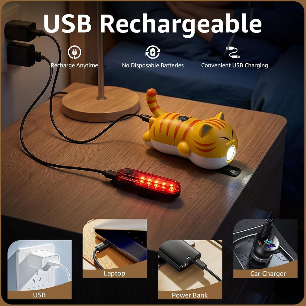 KunHe 2 Pack Cat Bike Lights Front and Back for Kids Rechargeable Set