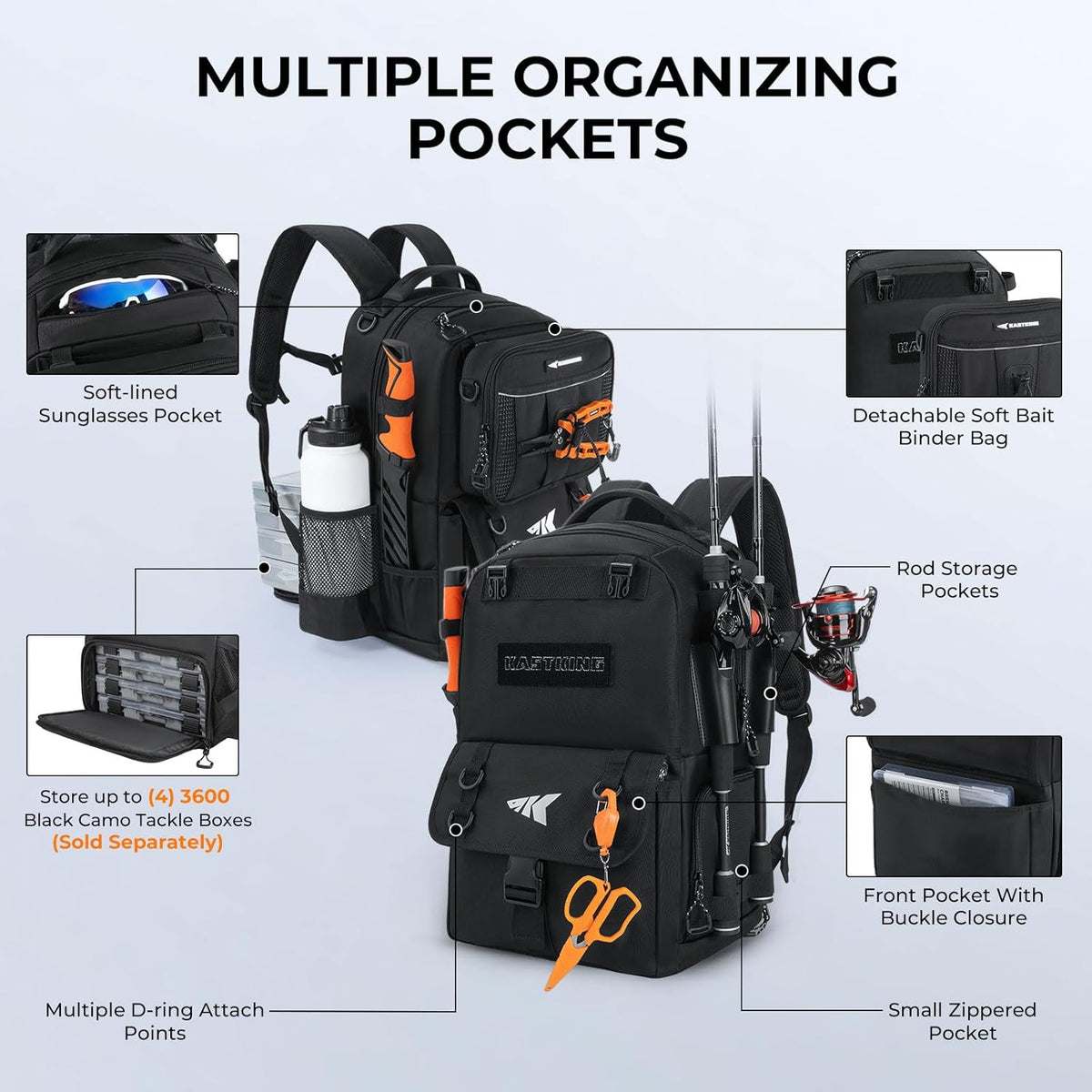 KastKing BaitSpace 50L Fishing Backpack with 4 Tackle Boxes, 2 Rod Holders