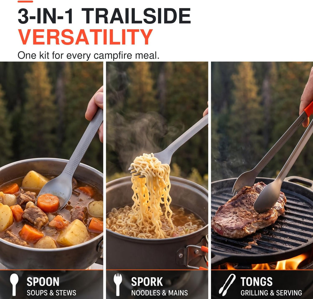 3-in-1 Titanium Backpacking Utensils, Spoon, Spork and Tongs Set