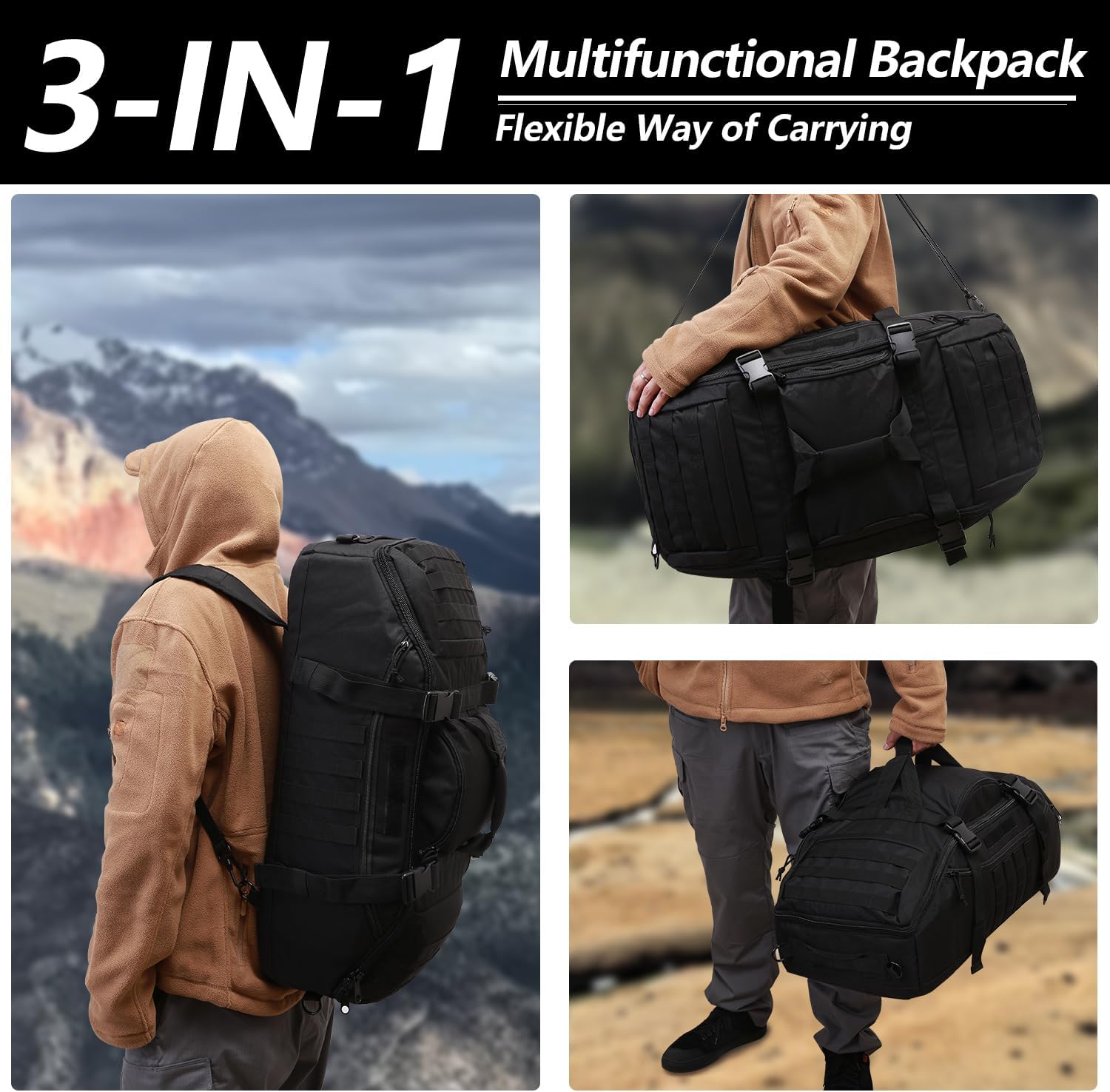 Hannibal Tactical 65L Large Duffle Bag, 3-in-1 Tactical Backpack MOLLE Pack for Sports, Gym, Outdoor, Black