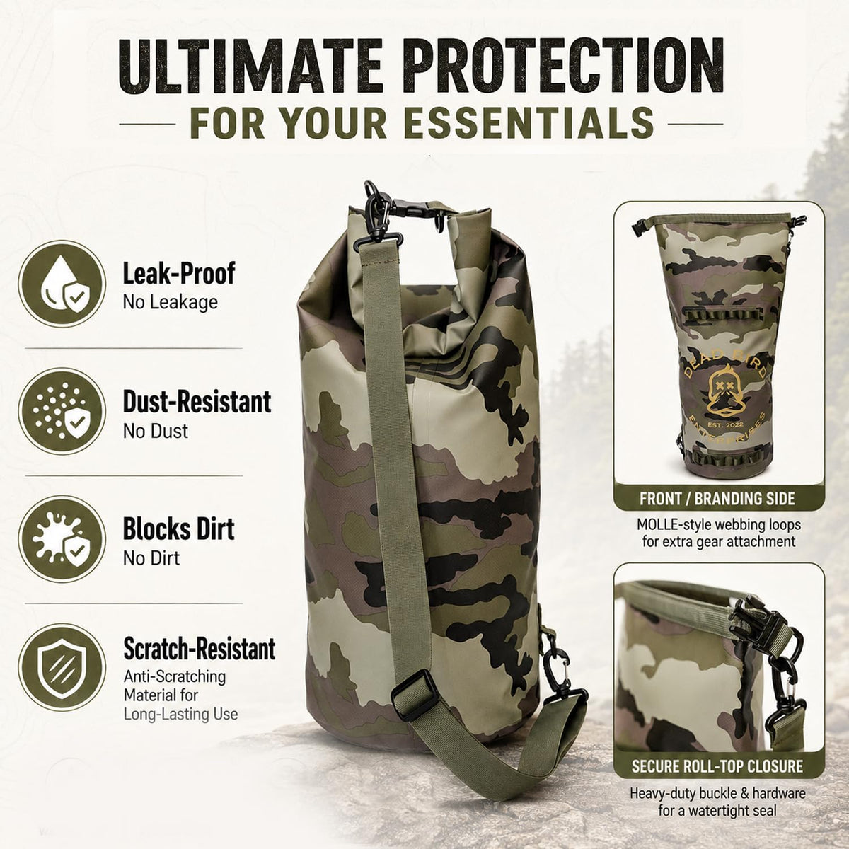 Dead Bird Enterprises Waterproof 20L Dry Bag, Camouflage Floating Shell Pouch with Roll Top Closure for Duck Hunting, Beach, Boating, Kayaking, Fishing & Camping, 500D PVC Tarpaulin Camo Dry Bag