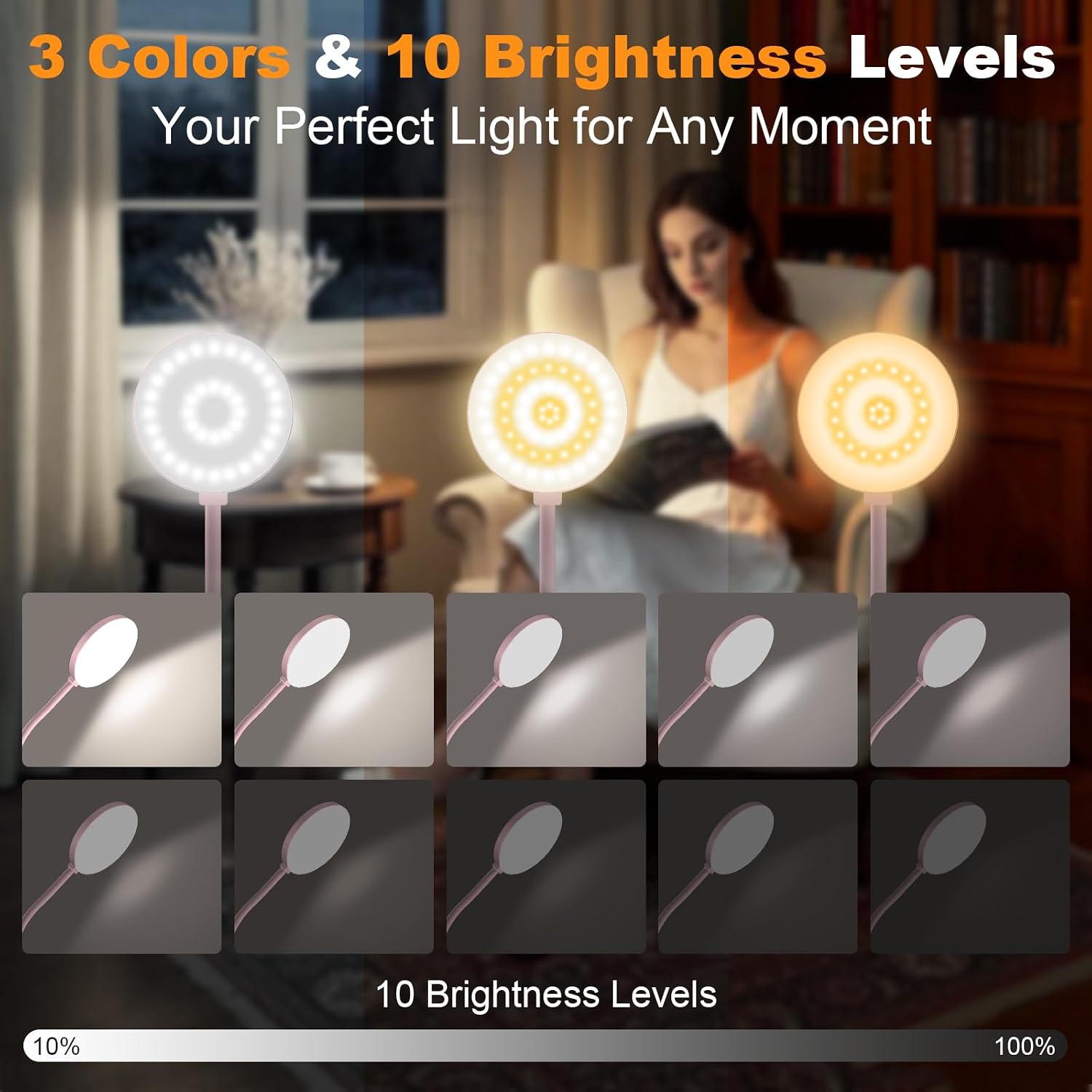 Rechargeable Clip on Light for Bed, Cute LED Reading Lamp for Girls Dorm Room, Portable Book Light with Clamp on Headboard Bedside Table, Flexible Lamp with 3 Color Temp & 10 Brightness (Pink/3.5'')