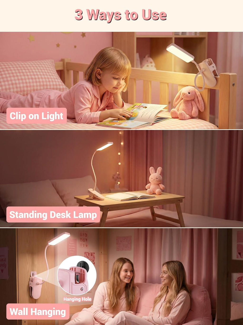 Pink Desk Lamp for Dorm Lamp, 9 Brightness+5 Color Clip on Light, Cute Lamp
