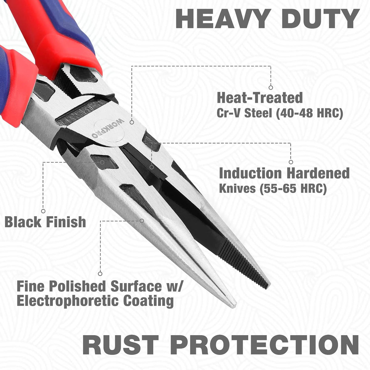 WORKPRO Premium 8” Needle Nose Pliers, Paper Clamp Precision, Heavy-Duty CRV Steel, Large Soft Grip with Wire Cutter, Long Nose Cutting Pliers, W031269