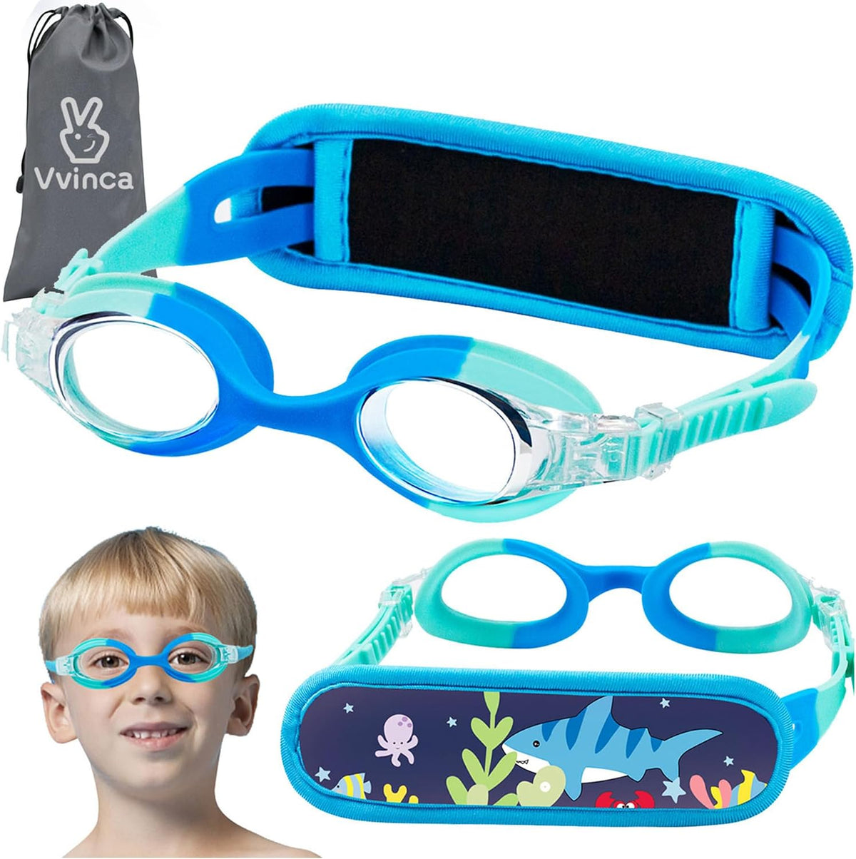 Vvinca Kids Swim Goggles 2-8，Toddler goggles with Fabric Strap No Tangle