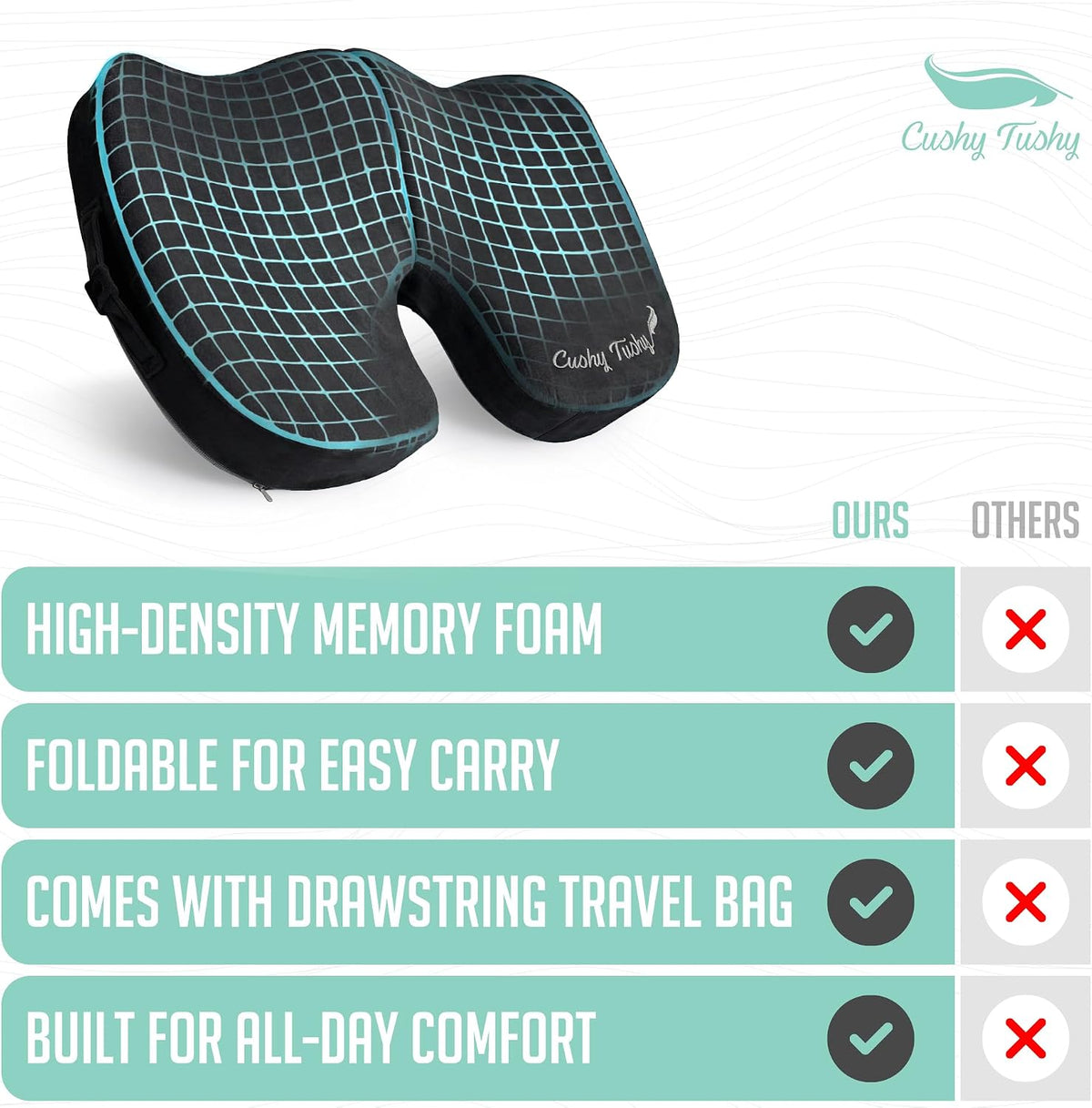 Cushy Tushy Premium Foldable Travel Seat Cushion - for Relief of Lower Back, Sciatic, Butt and Tailbone Pain - for Home & Office Use, Perfect for Travel or Driving - Coccyx Seat Cushion