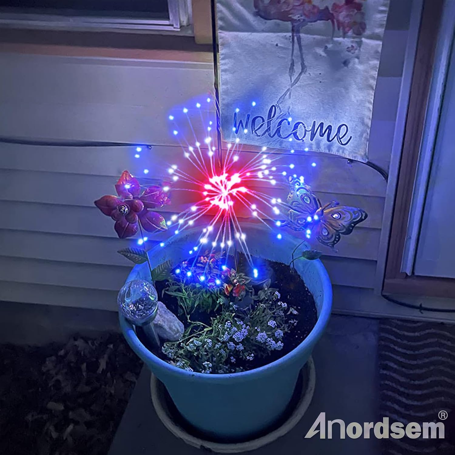 Anordsem Solar Firework Lights Outdoor Garden Fairy Lights 2 Pack Red Blue