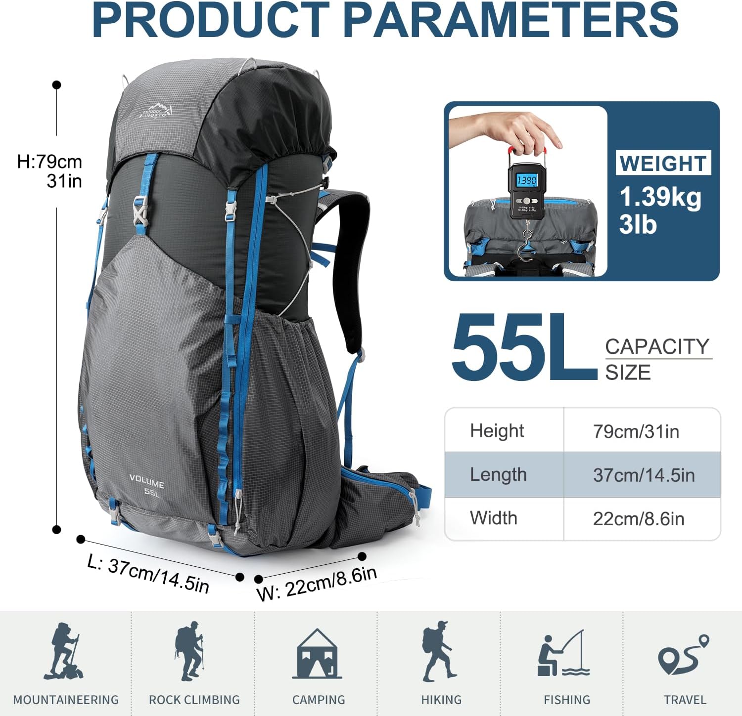 IX INOXTO 55L Internal Frame Waterproof Hiking Camping Backpack with 3L Water Bladder and Rain Cover, Large Lightweight Travel Daypack Rucksack for Climbing (Dark Gray)