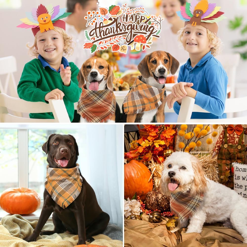Vivifying Fall Dog Bandanas, 2 Pack Halloween Classic Plaid Dog Scarf with Tassels Edges, Funny Pet Apparel & Accessories Costume for Thanksgiving, Photo Prop, and Party Decor (X-Large, Yellow&Orange)