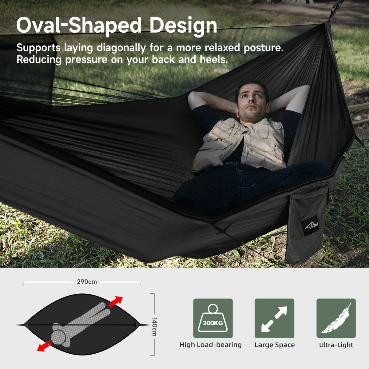 Camping Hammock with Mosquito Net and Ridge Rope, 2 Person Extra Large