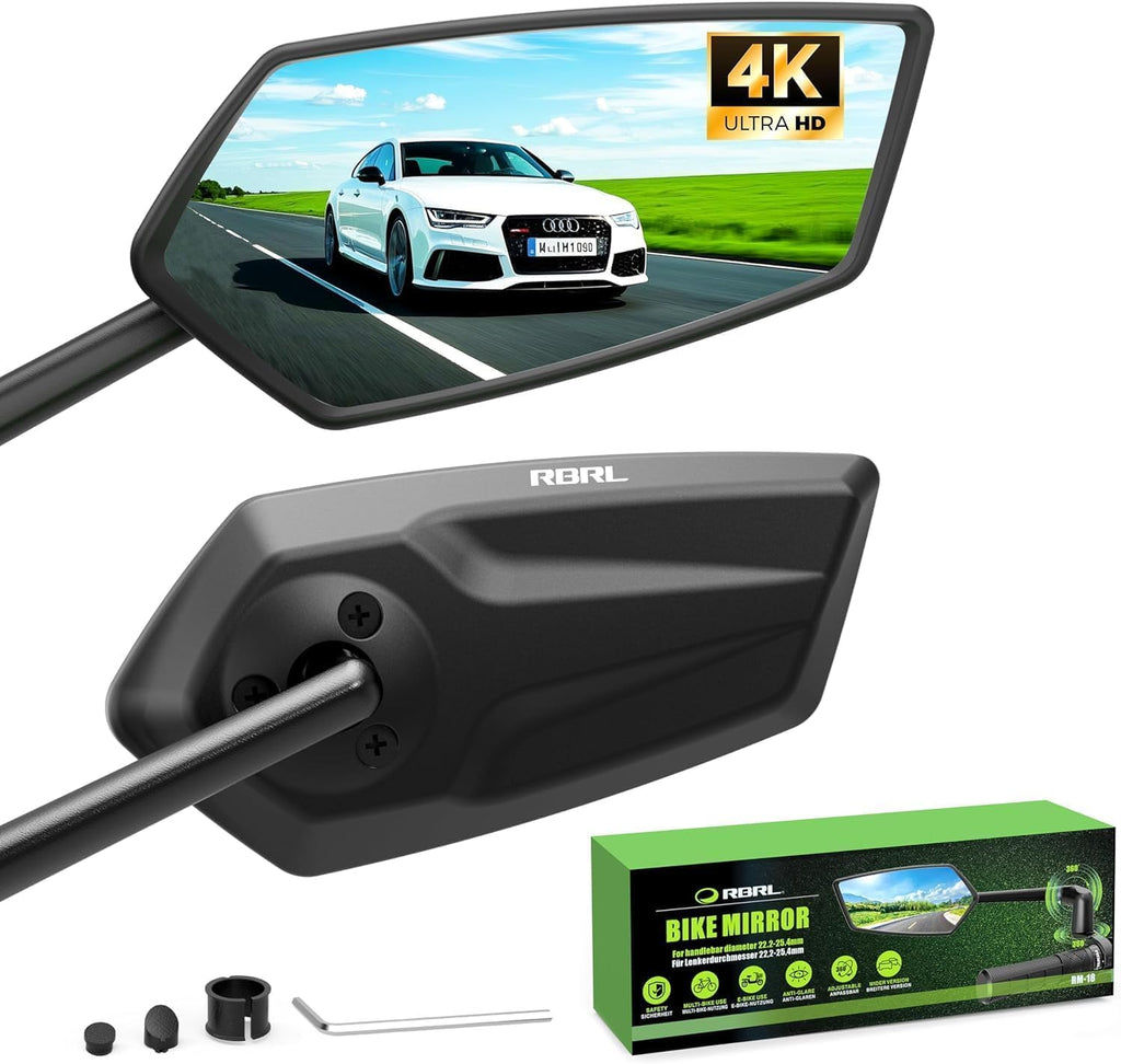RBRL Bike Mirror, 3D Adjustable Arm for Extended Reach, Aluminum Alloy Anti-shake Bicycle Rearview Mirrors, 360° Panoramic Rearview, Wide Angle Shatterproof & Foldable E-bike Mirror(right)