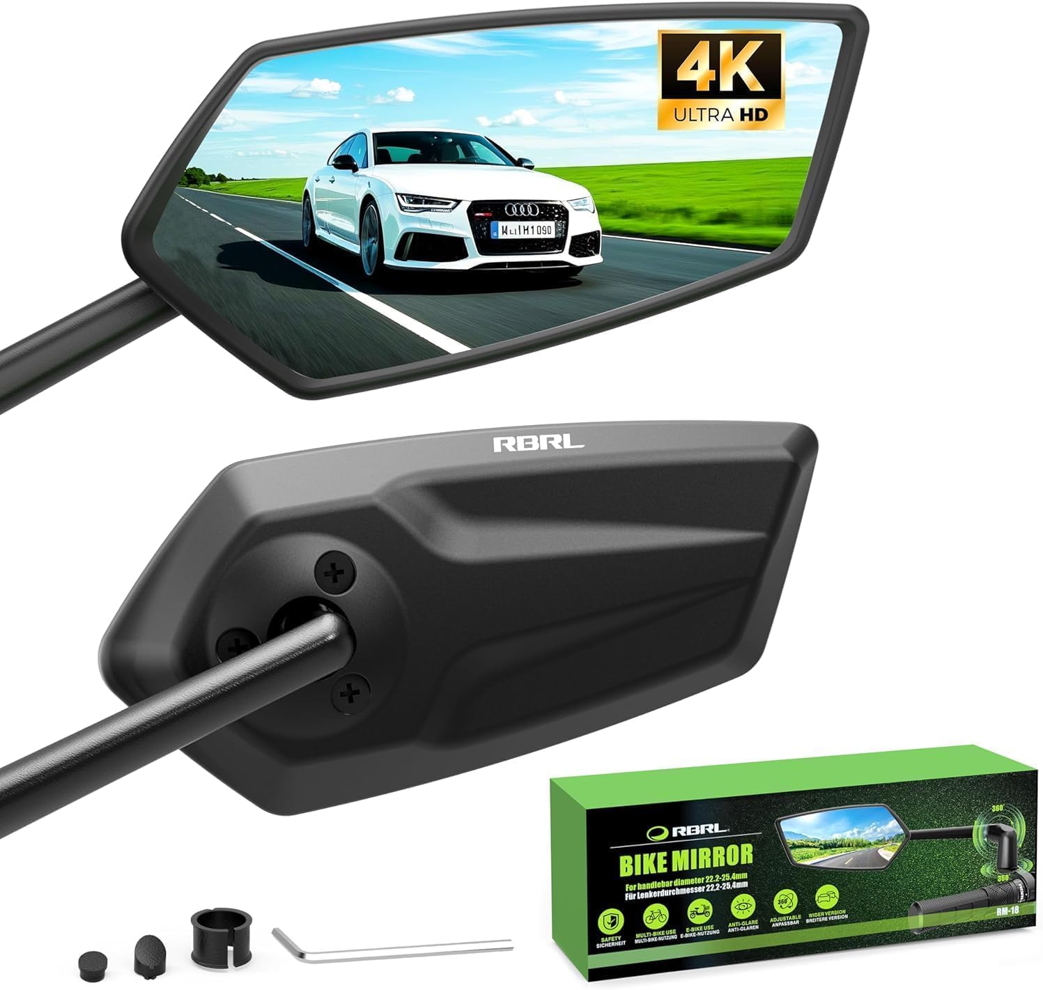 RBRL Bike Mirror, 3D Adjustable Arm for Extended Reach, Aluminum Alloy Anti-shake Bicycle Rearview Mirrors, 360° Panoramic Rearview, Wide Angle Shatterproof & Foldable E-bike Mirror(right)