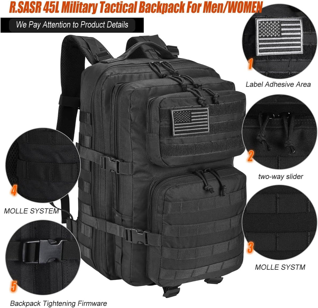 45L Tactical Backpack for Men Women, Military Assault Pack with MOLLE, Large 3 Day Bug Out Bag for Hiking Camping