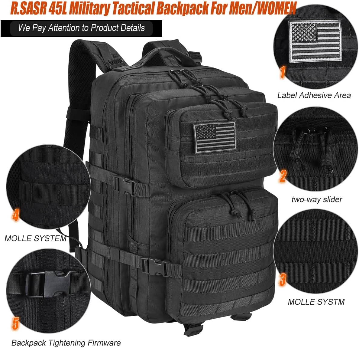 45L Tactical Backpack for Men Women, Military Assault Pack with MOLLE, Large 3 Day Bug Out Bag for Hiking Camping