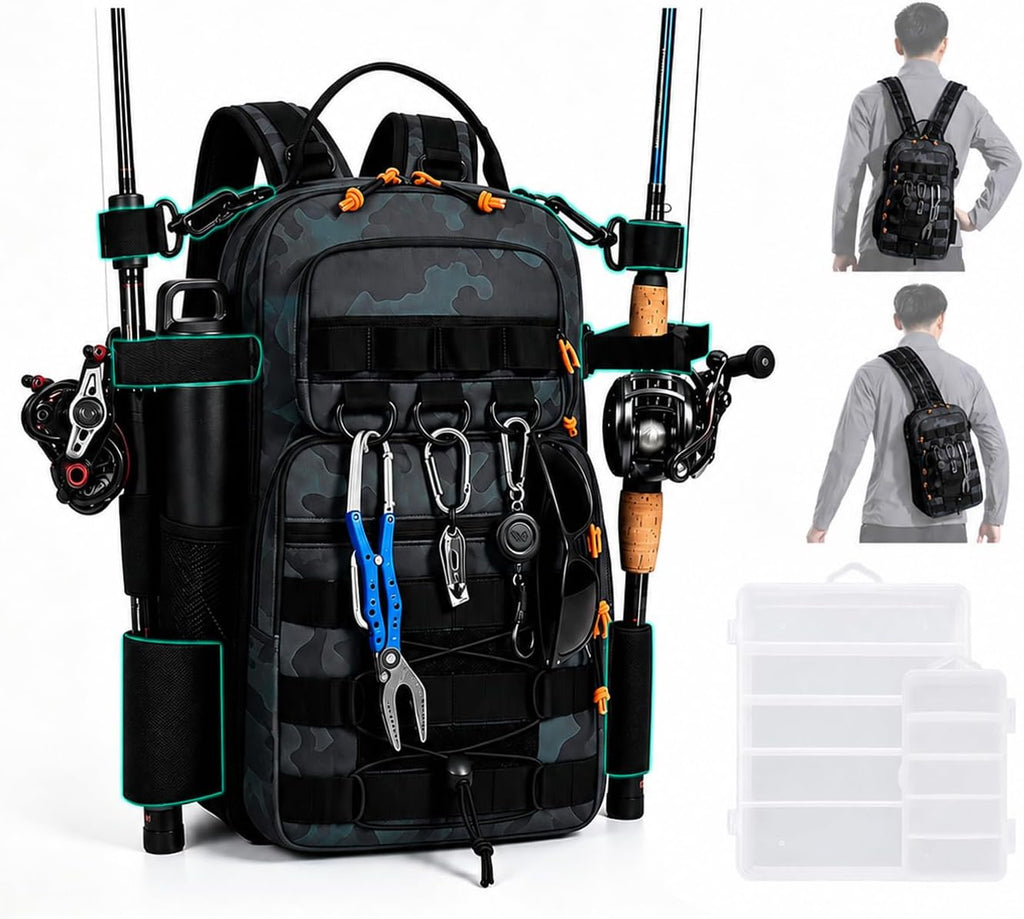 2 in 1 Compact Tactical Fishing Backpack with Tackle Boxes, Lightweight Waterproof Tackle Bag Fit 2 * 3600 Tackle Boxes, 2 Rod Holders Storage, Fishing Accessories Gift for Men Green