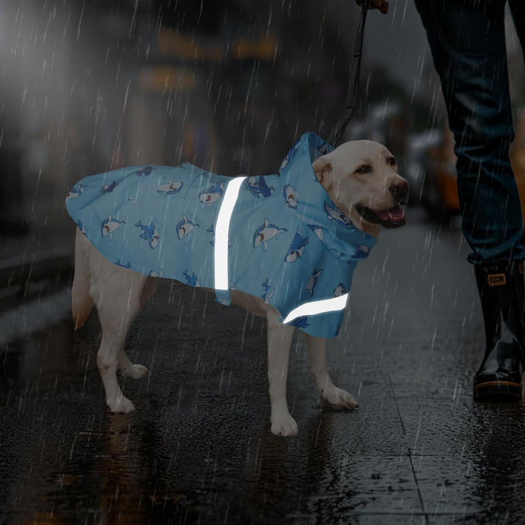 DELIFUR Large Dog Raincoat - Waterproof Dog Rain Poncho Adjustable Double Layer Rain Jacket with Hood for Medium Large Dogs Designed with Leash Hole Reflective Strip(Blue Shark, Large)