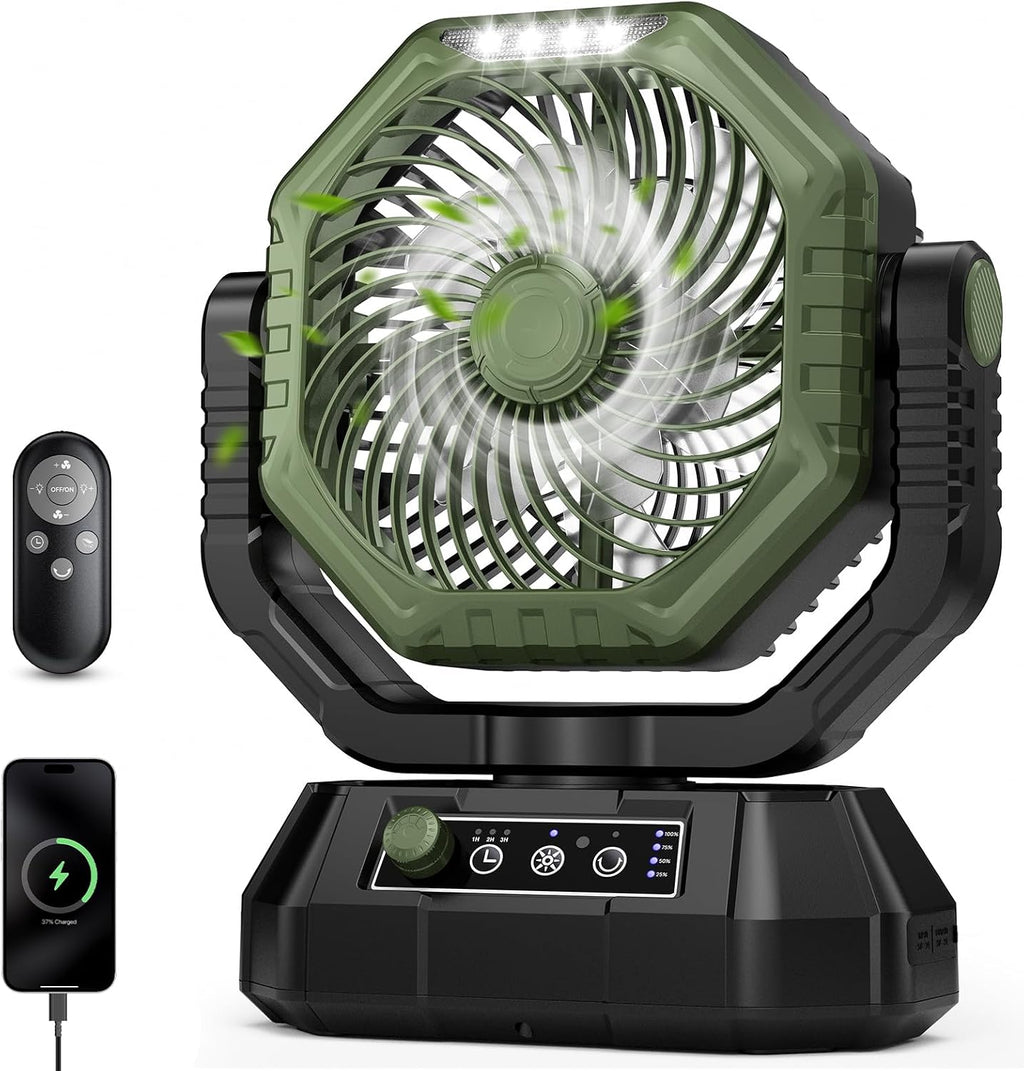 AJVV Camping Fan with Light, Remote and Oscillation, Battery Powered Hanging Tent Fan, Rechargeable Portable for Camp, Outdoor, Emergencies, Fishing, RV Travel, Jobsite