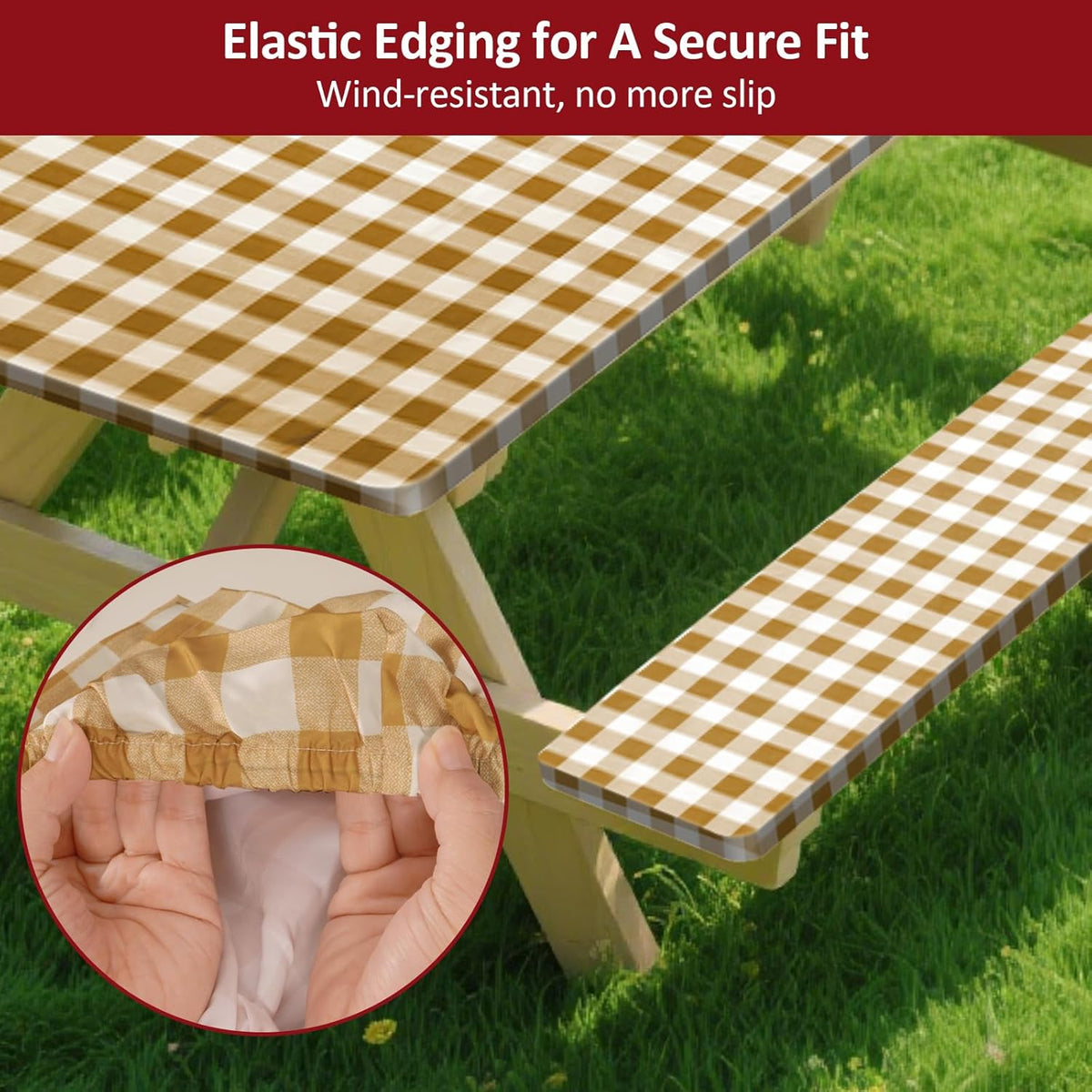 6ft 72in Picnic Table and Bench Cover, 3 Pack, Coffee Checkered
