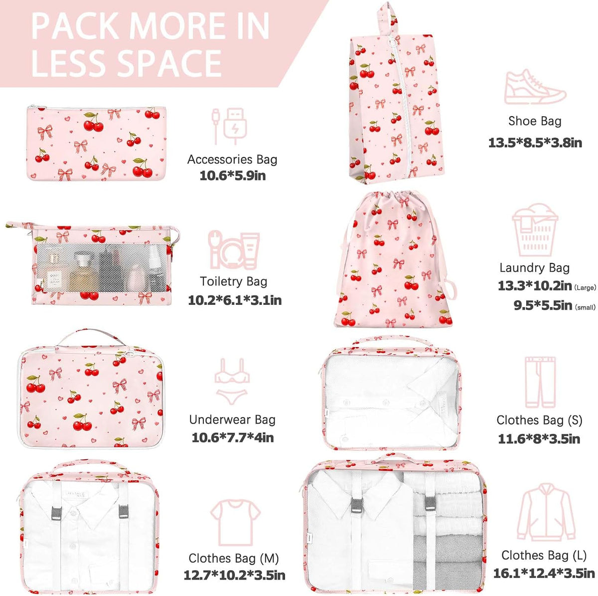 KPX 8 Set Packing Cubes for Travel, Luggage Packing Organizers Accessories Large Toiletries Bag for Clothes Shoes Cosmetics (8Set-Cherry & Bow)