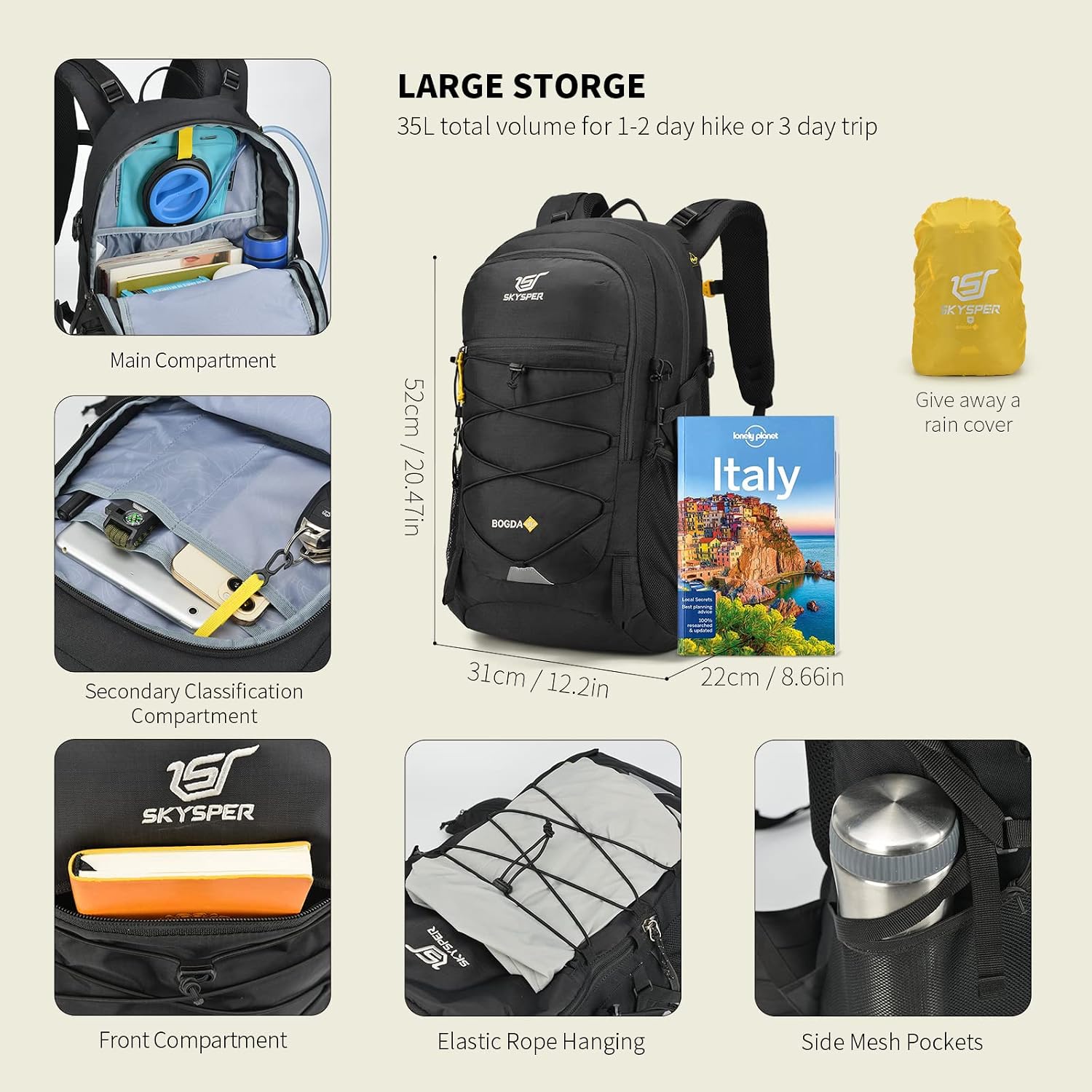 SKYSPER Hiking Backpack for Men Women, 35L Lightweight Travel Daypack, Outdoor Camping Back Pack with Multiple Compartments, Durable for Weekend Getaway