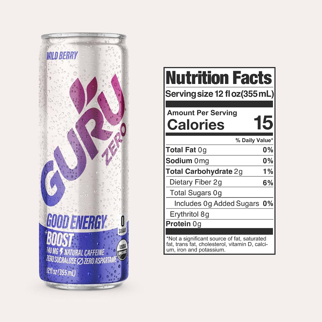 GURU Zero Sugar Organic Energy Drink, Wild Berry, 12 Fl Oz, 24 Pack