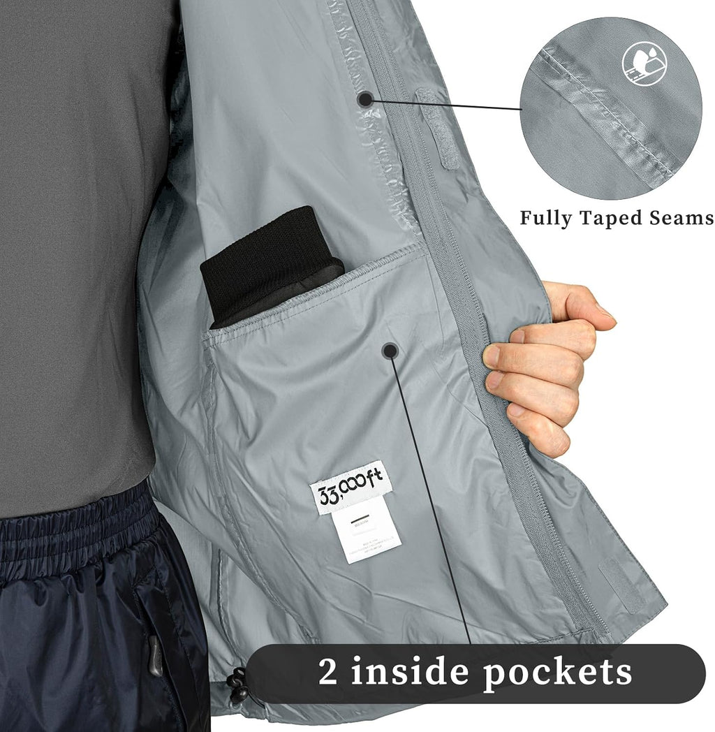 33,000ft Men's Packable Rain Jacket Lightweight Waterproof Golf Raincoat
