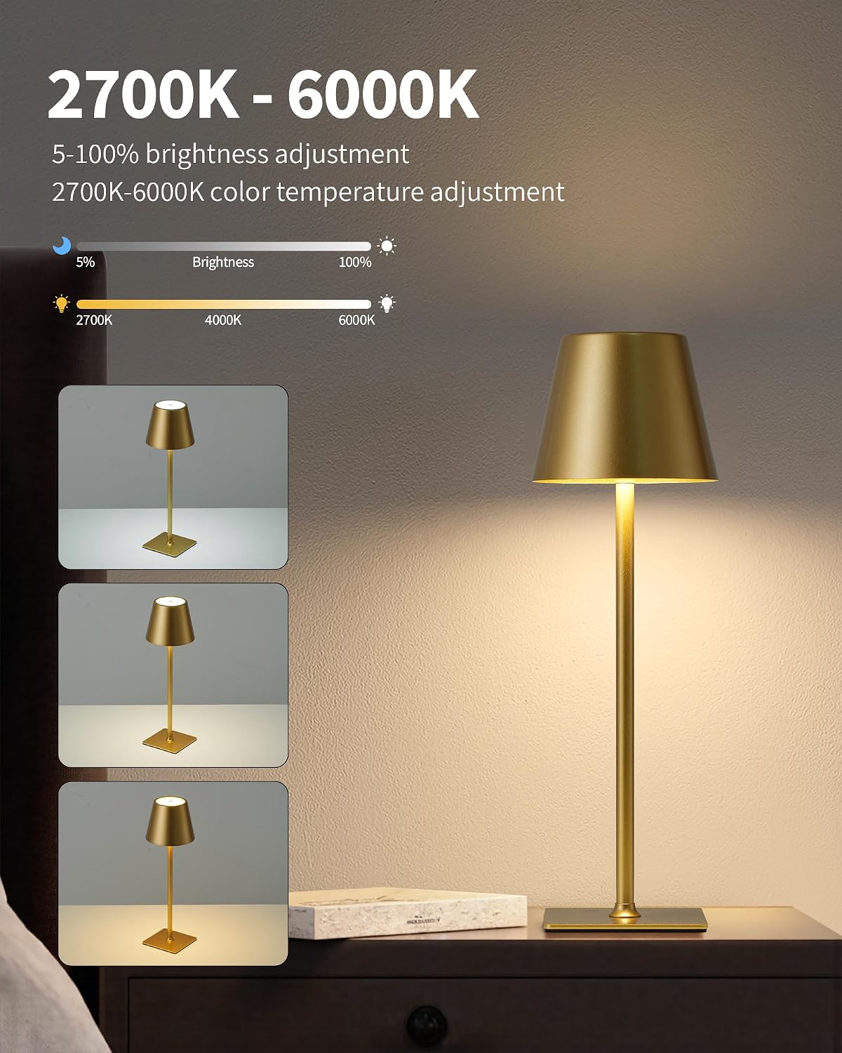 KDG Gold Cordless Table Lamps Set of 2, 4000mAh Rechargeable LED Desk Lamp