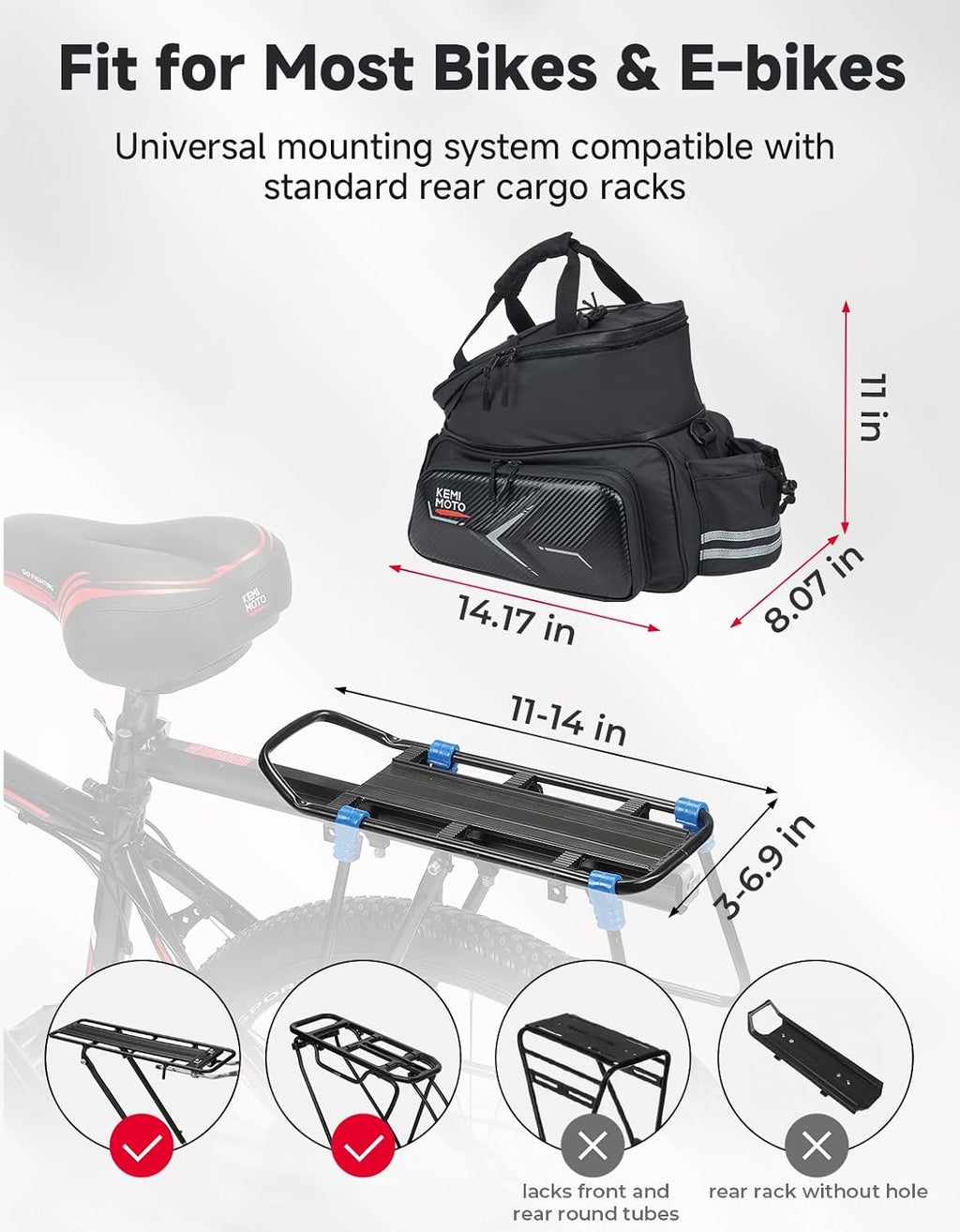 KEMIMOTO Bike Bag Rear Rack Expandable 20L Bicycle Pannier EVA Hard Shell