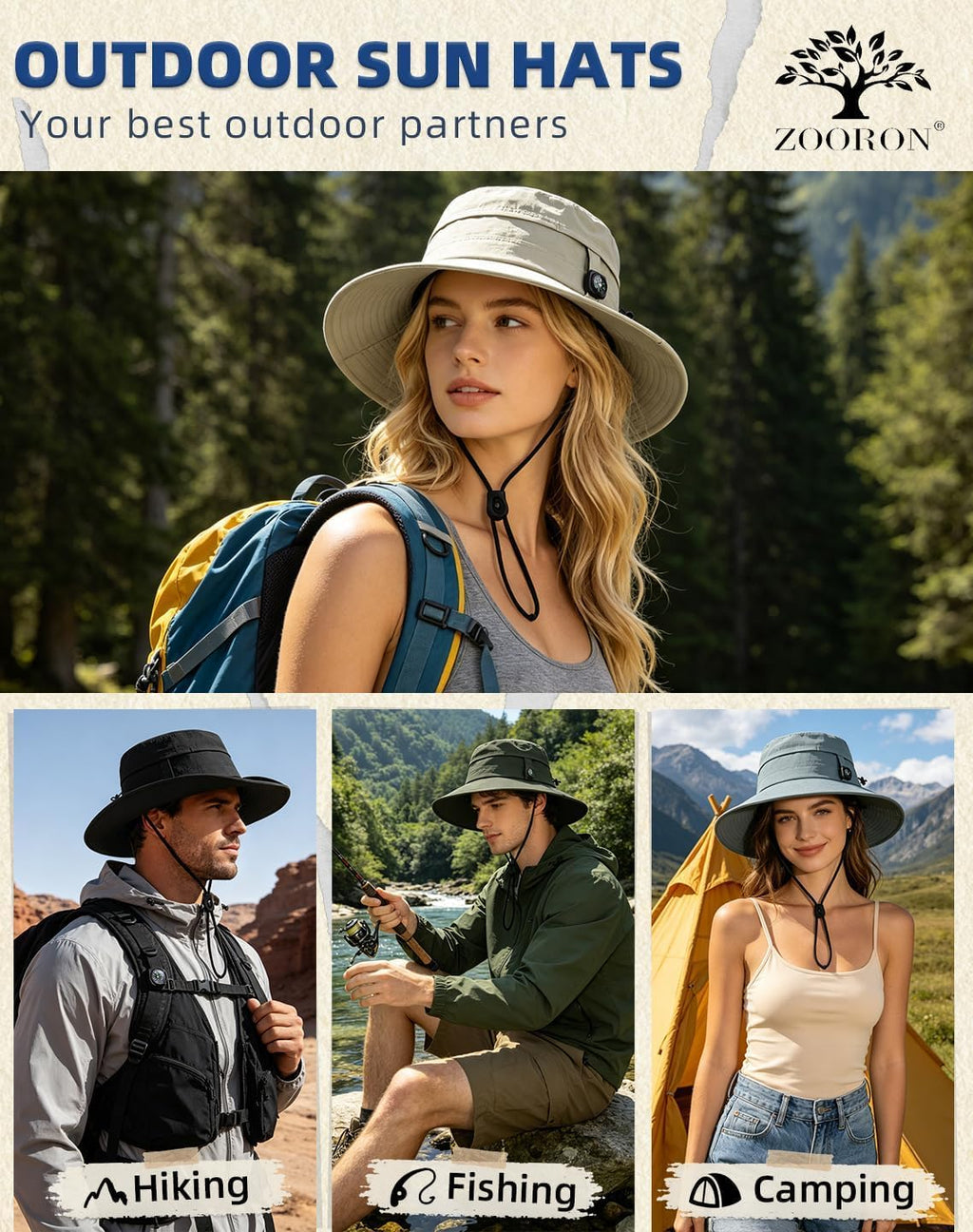ZOORON Sun Hat for Men Women Detachable Compass, Boonie Hats UPF 50+ Fishing Hat, Lightweight Foldable Bucket Hats