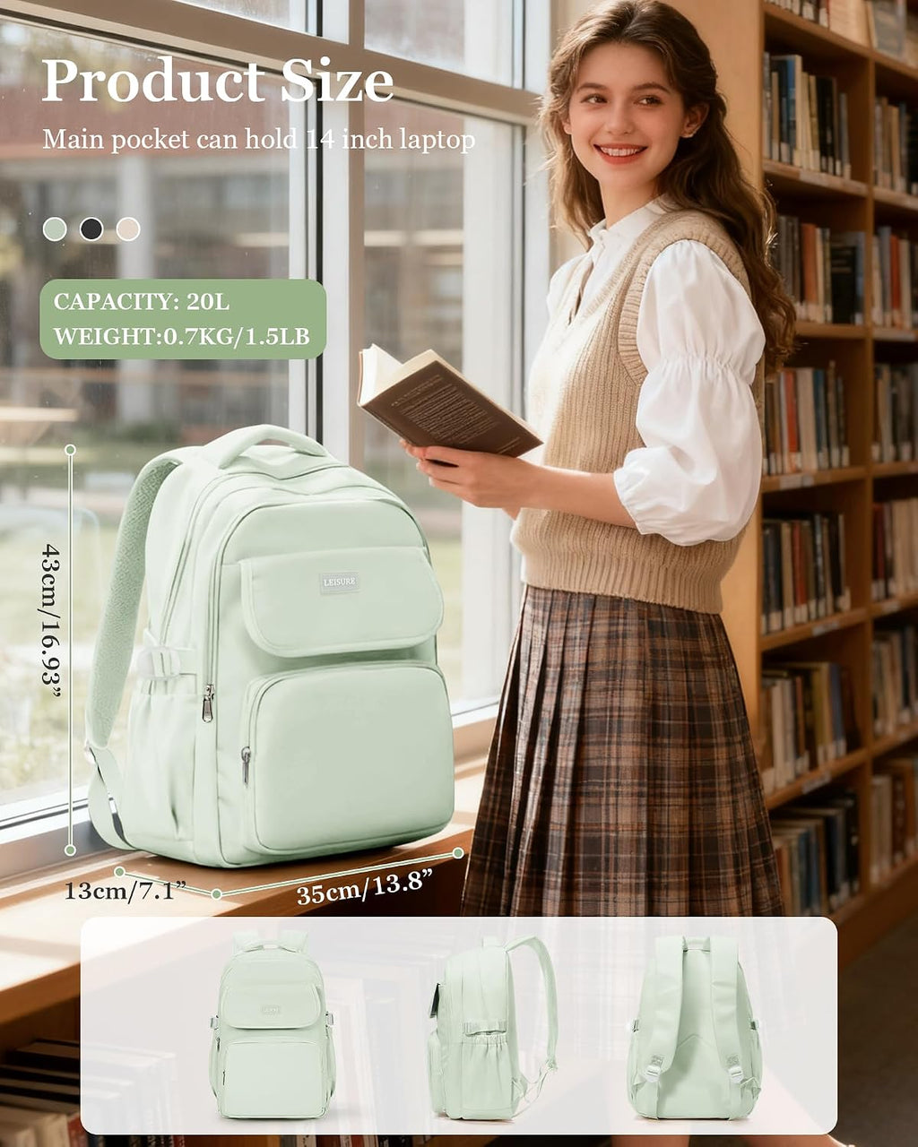 Aesthetic College Backpacks For Women Men,Waterproof High School Back pack,Kawaii Backpack For Teens Girls Boys,Student Latop Travel Backpack(Mint Green)