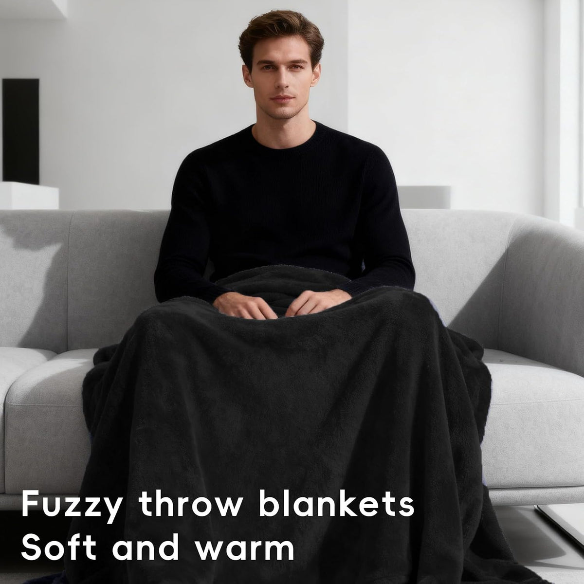 2 Pcs Flannel Fleece Throw Blanket for Bed Couch Large Soft Blanket Lightweight Throw for Sofa,Couch,Travel,Camping,(Black,50x60 Inch)