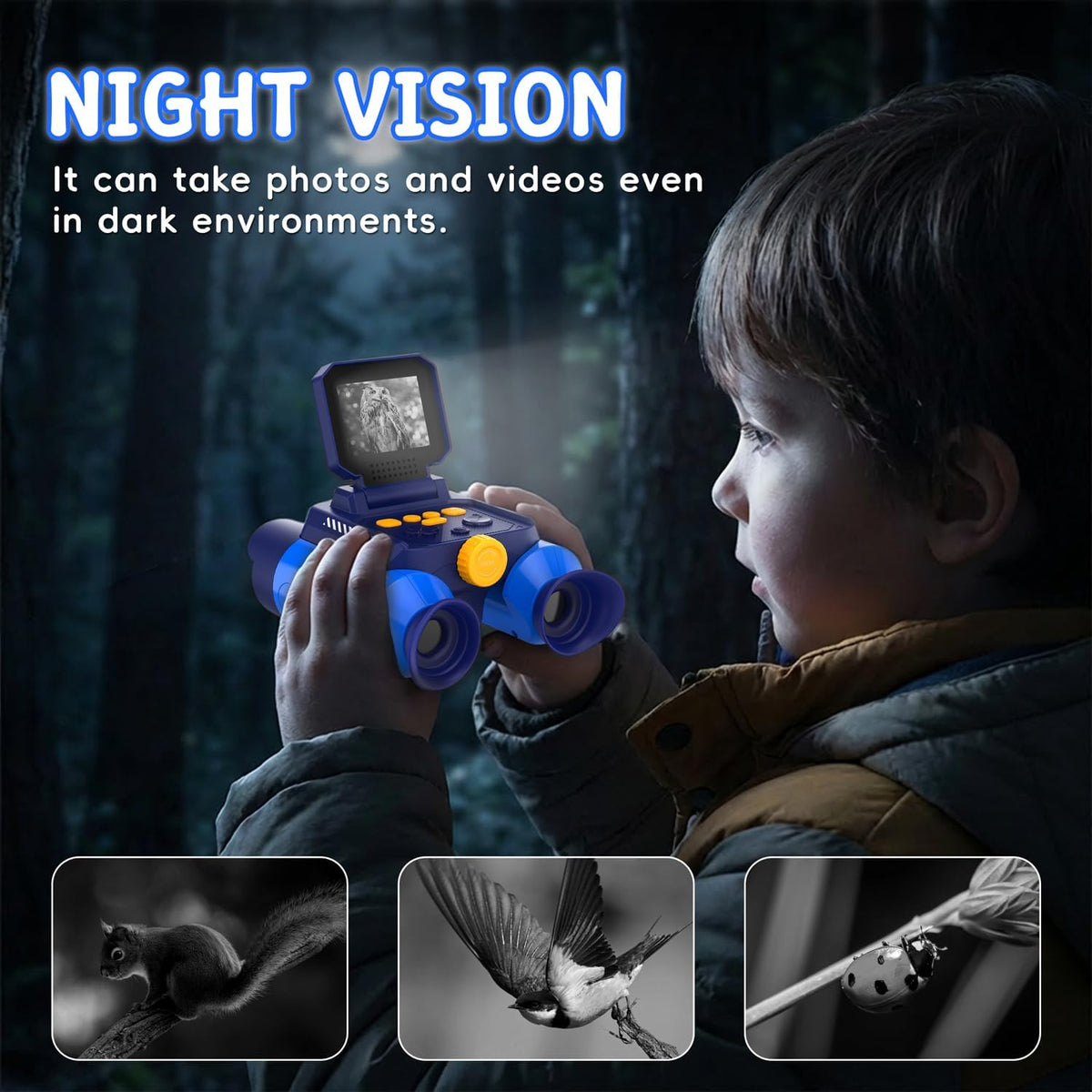 Binoculars for Kids with Night Vision, 2.4" HD Screen & 10X Zoom for Photo and Video - Outdoor Adventure Binoculars Bird Watching, Camping, Hiking, Gifts for Kids Ages 4+ (Blue)