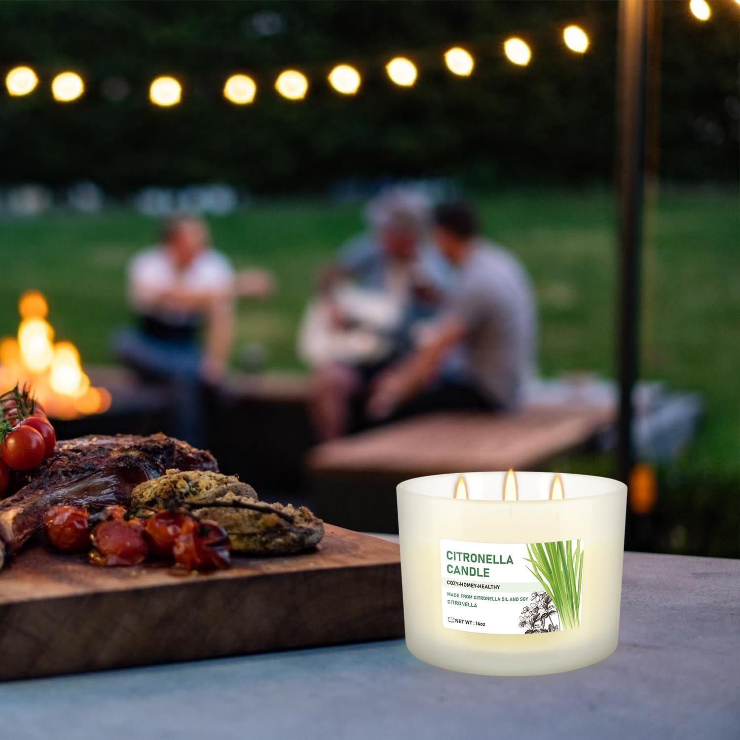 Citronella Candle Set of 2, 14oz Frosted Jar Triple-Wick, Clean & Smokeless for Outdoor Patio, Garden, Deck, Porch Ambiance with Natural Citronella Scent