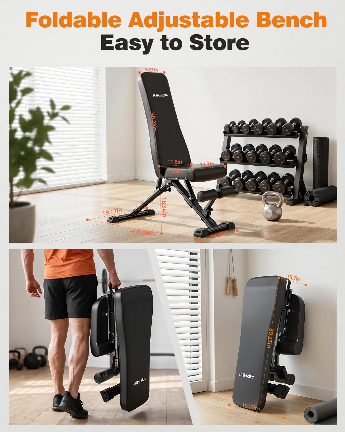 AIRHOP Foldable Workout Bench, 90° to -30° FID Weight Bench for Home Gym
