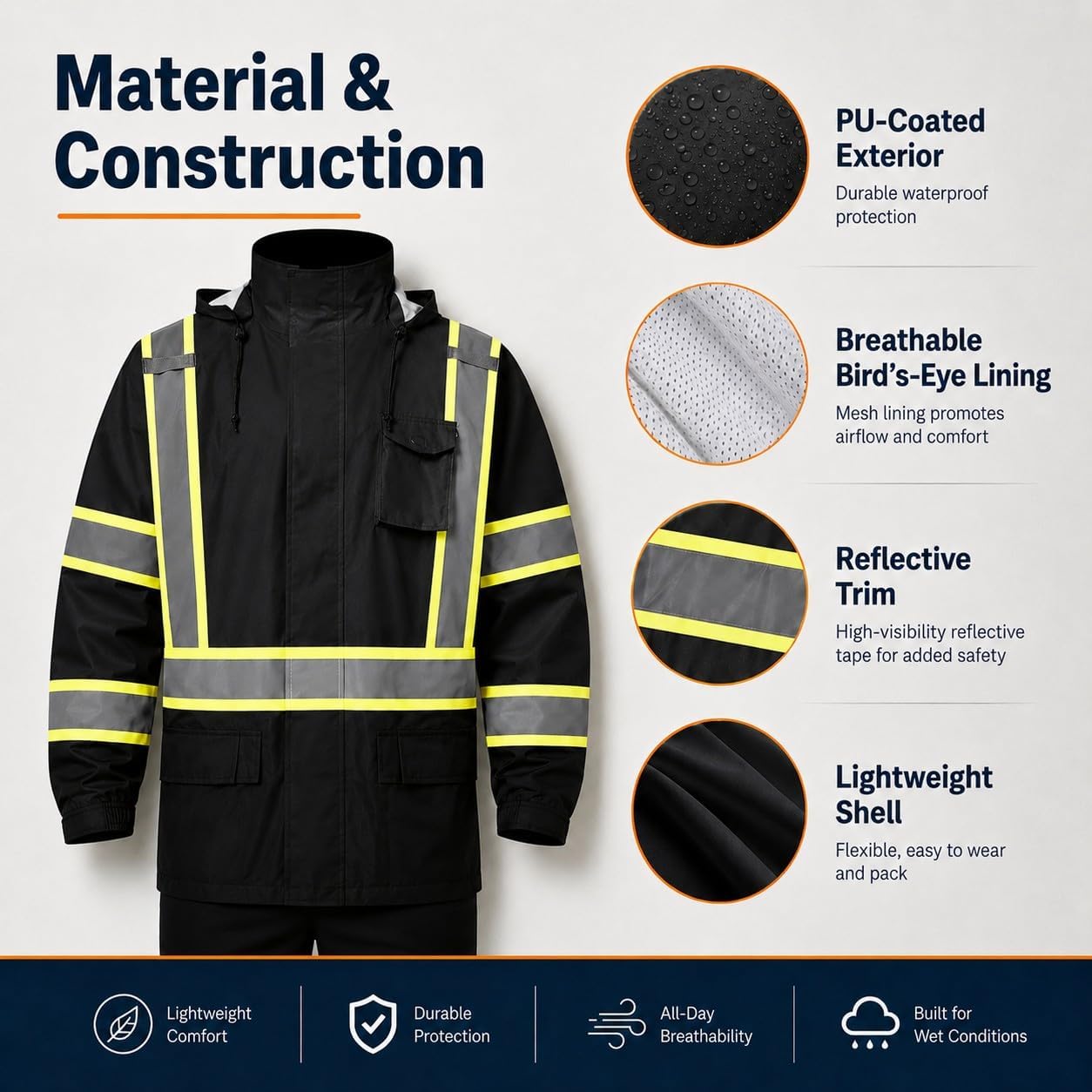 SKSAFETY Hi Vis Safety Rain Jacket for Men, Construction Work Rain Gear Heavy Duty Class 3 Rain Coat Waterproof Lightweight