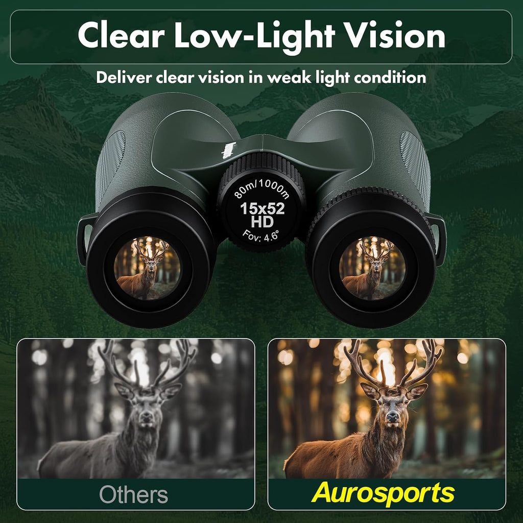 Aurosports 15x52 Waterproof Binoculars for Adults Hunting Binoculars Green