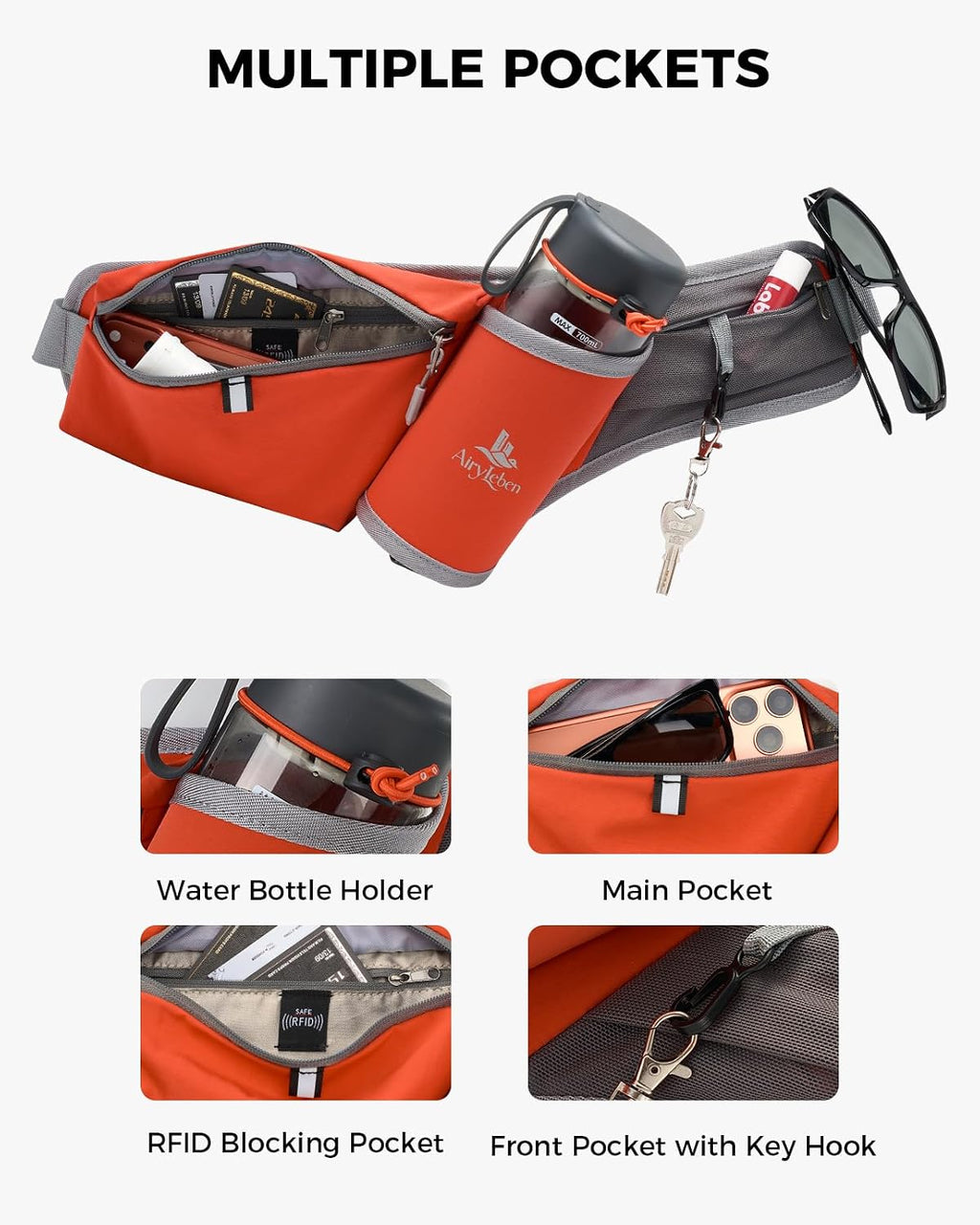 Fanny Pack with Water Bottle Holder, RFID Blocking & Water Resistant Crossbody Belt Bag for Women Men, Lightweight Adjustable Waist Bag for Running, Hiking, Cycling & Walking (Orange)