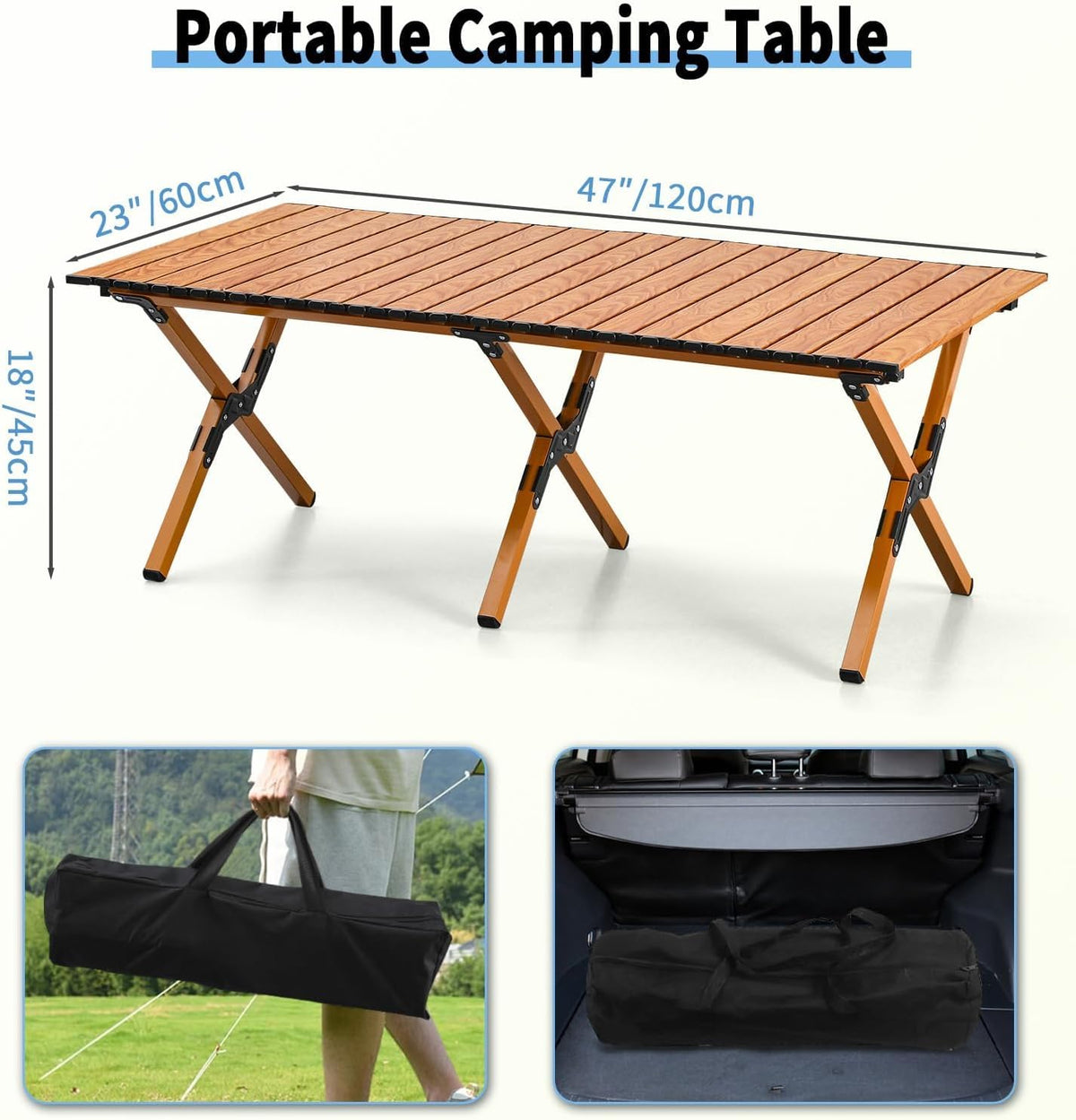 4Ft Aluminum Folding Camping Table, Portable Picnic Table, Outdoor Lightweight Collapsible Camp Table, Roll-up Camping Table for Beach,Party, Patio, BBQ, Travel, Backyard (Wood Upgraded Version)