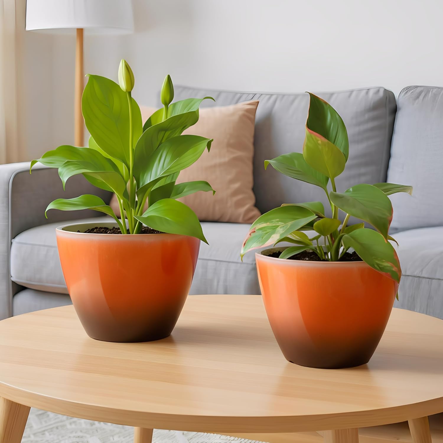 Vanslogreenk 8 inch Plant Pots Indoor Modern Glaze Planters with Drainage Holes, Garden Flower Pots Planter for Aloe, Herbs, Cactus (Orange, 2pcs)