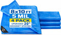 Blue Tarp 8x10 FT (4 Pack), 5 Mil Waterproof Poly Tarp, Reinforced Edges, Upgraded 20" Grommet Spacing, Multi-Purpose Tarpaulin, Cover for Camping, Roof, Yard, Budget Value Pack