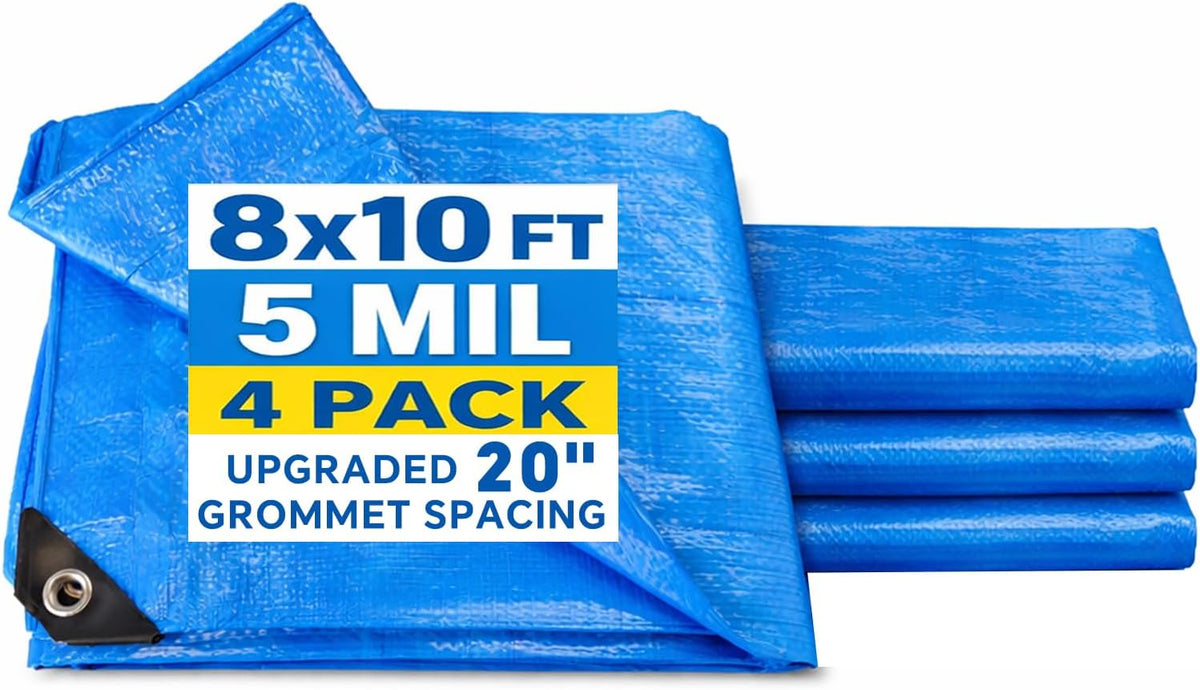 Blue Tarp 8x10 FT (4 Pack), 5 Mil Waterproof Poly Tarp, Reinforced Edges, Upgraded 20" Grommet Spacing, Multi-Purpose Tarpaulin, Cover for Camping, Roof, Yard, Budget Value Pack